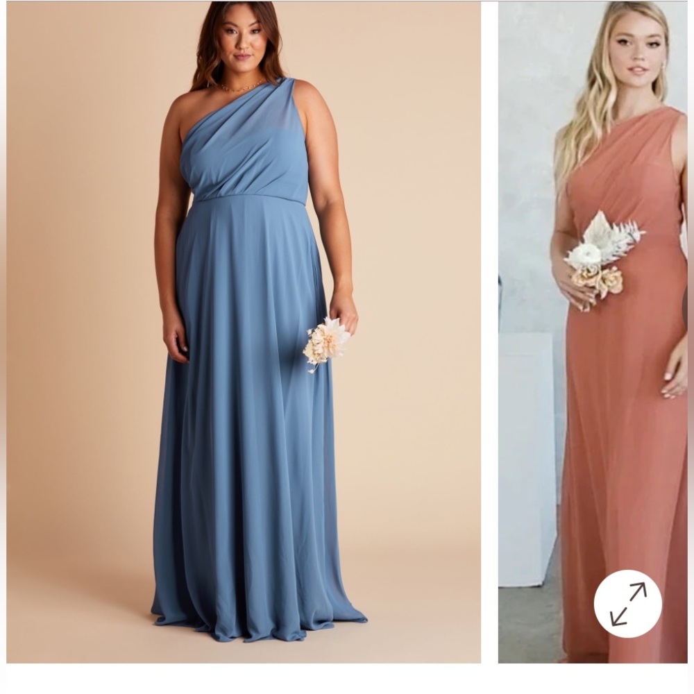 Birdy Grey One-Shoulder Dresses in Blue and Rust